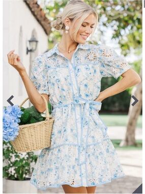 entro Light Blue Floral Eyelet Tie-Waist Mini dress *Medium *